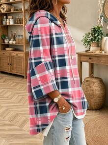 Women's Plaid Drop Shoulder Drawstring Pullover Sweatshirt Plus Size Loose Casual 3/4 Sleeve Knit Top Autumn - Pink - View 3