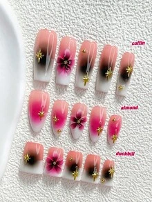 10片/組浪漫漸層亮面手工穿戴甲，Polygel美甲套組，花卉白色與粉色美甲，浪漫甜美風，3種尺寸可選，杏仁/鴨嘴/棺材形，適合派對、跳舞、日常佩戴（手工細節可能有所不同） - 彩色 - 查看 1