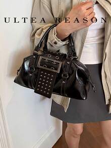 1pc Solid Color PU Leather New Women's Bag, Shoulder Bag, Crossbody Bag, Fashion Square Handbag, Rivet Decoration, Suitable For Commuting, Shopping, Dating, Work - Black - View 2