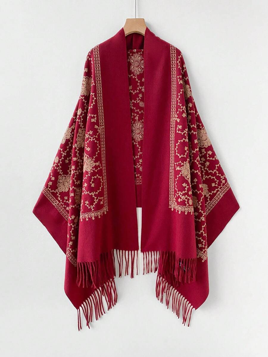 1件女款秋冬仿羊絨刺繡圍巾,加厚保暖披肩斗篷,附流蘇,波希米亞風旅行披肩 - 酒紅色 - 查看 1