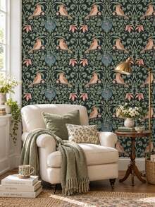 SUPSTICKER Vintage Botanical Bird Peel & Stick Wallpaper, Removable PVC Wall Decor For Bedroom, Living Room & Reading Corner - Flowers - View 8