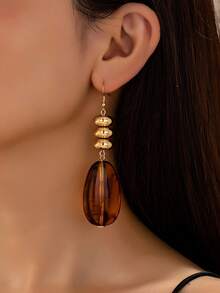 1 Pair European & American Style Beaded Patchwork Brown Resin Drop Earrings, Autumn/Winter Jewelry Gift, Versatile Exaggerated Earrings For Commute & Date, Women's - Brown - View 1