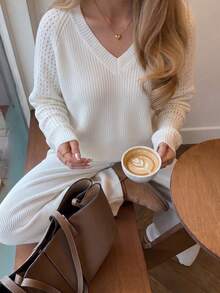Women's V-Neck Raglan Patchwork Long Sleeve Casual Loose Fit Versatile Solid Color Hollow Sleeve Thick Knit Sweater Top Autumn/Winter - Beige - View 8