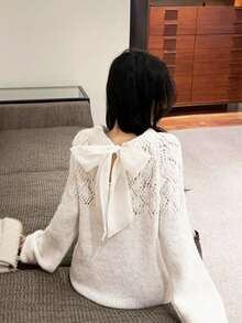 Autumn/Winter New Gentle Style Bow Hollow Lace-Up Knit Sweater Mid-Length Soft Fluffy Cold Shoulder Long Sleeve Top - Apricot - View 1