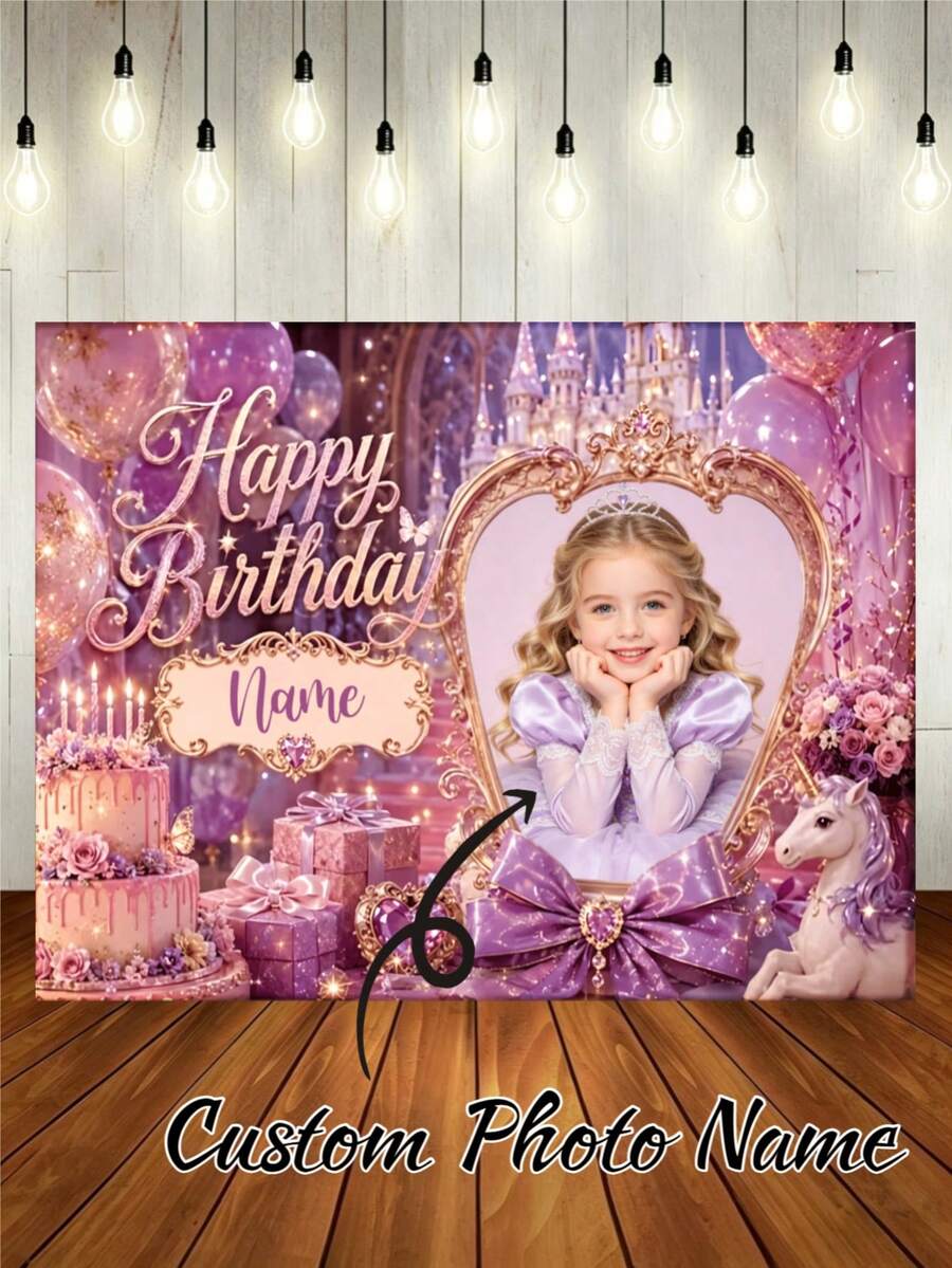Latar Belakang Foto & Nama Kustom Kastil Berkilau Ungu untuk Ulang Tahun dengan Unicorn, Kotak Hadiah, Cermin Ajaib, Balon, Kue, Desain Bunga, Cocok untuk Pesta Ulang Tahun Bertema Putri, Dekorasi Latar Belakang Foto untuk Acara Cake Smash, Banner Vinyl Fotografi - Purple - View 1
