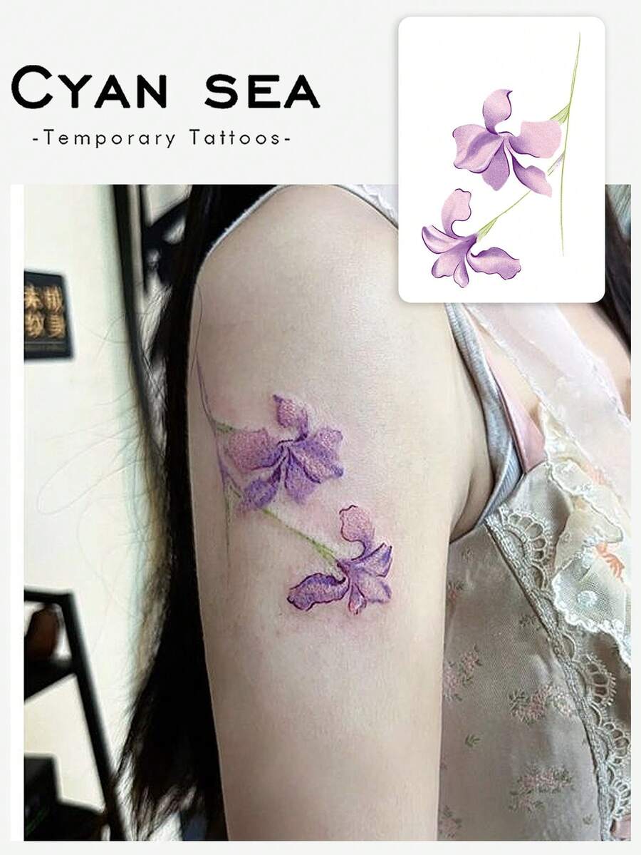 1pc Temporary Tattoo, Light Purple Iris Flower Pattern, Realistic Fake Tattoo Design, Suitable For Daily, Bachelorette Party Favors, Music Festival, Game, Graduation Gift, Lasts 3-5 Days - Multicolor - View 1