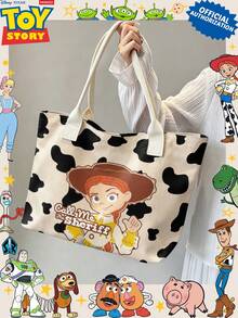 Miniso Disney Toy Story Jessie Call Me The Sheriff 帆布托特包，牛紋印花單肩手提包，適合日常使用 - 白色 - 查看 3
