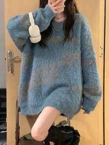 女款復古大廓形寬鬆慵懶針織毛茸茸柔軟開襟衫 - 霧霾藍 - 查看 2