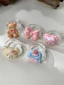 1/5pcs Heart Bear Bow Resin Rings, Pink & Chocolate Color Block Design, Suitable For Women, Holiday Gift, Daily Wear, Valentine's Day Friend Gift - Multicolor - View 13