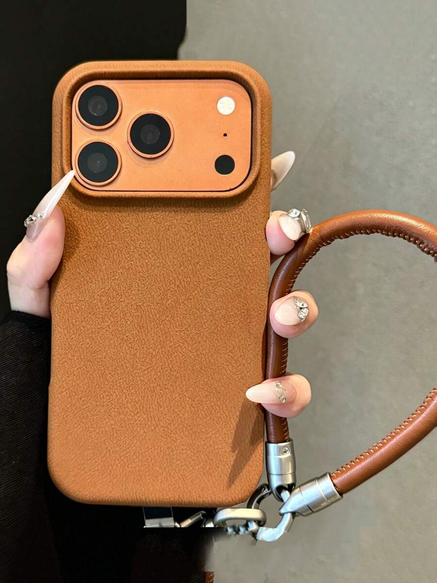 Simple Litchi Texture With PU Leather Lanyard Silicone Phone Case Compatible With IPhone 18 Pro Max 18 Pro 17 Pro Max 17 Pro 16 Pro 16 Pro Max 15 Pro Max 15 Pro 14 Pro Max 14 Pro 13 Pro Max 13 15 17 16 Premium Business Design Large Hole Camera Protective Cover For Autumn And Winter Women Men - Brown - View 1