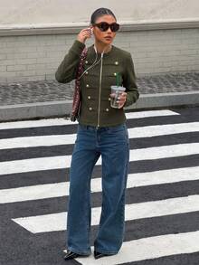 Fashion Green Winteroutfits Knitted Cardigan, Women's, Long Sleeve Military Style, Gold Buttons, Casual Fashion Jacket, Suitable For Autumn/Winter Wear - Army Green - View 2