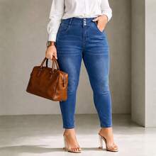 Women's High-Waist Denim Skinny Pants, With Functional Pockets And Zipper Closure, High Elasticity Slim Fit Plus Size Ankle Pants, Suitable For Autumn Casual Wear - Blue - View 4