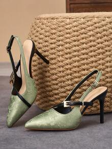 Chinese Style Retro Jacquard High Heel Shoes For Women, Green Satin Pointed Toe Slingback Stiletto Strap Evening Dress Sandals - Green - View 6