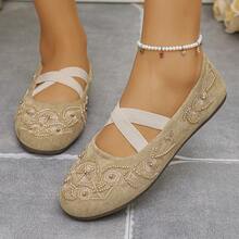 1 Pair Women Beaded Embroidery Decor Microfiber Non Slip Round Toe Crisscross Strap Flat Heel Bohemian Ballet Flats For Party Daily - Beige - View 2