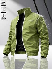 Men's Stand Collar Windproof Jacket, Spring/Autumn Letter Print Casual Sports Outerwear, Contrast Trim Versatile Jacket Top, Suitable For Daily Wear Or Outdoor Activities - Green - View 1