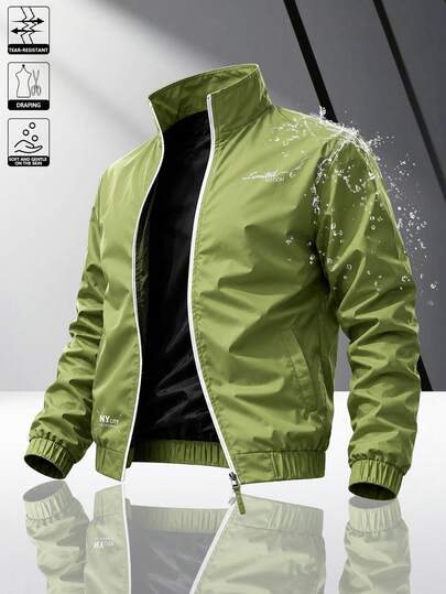Men's Stand Collar Windproof Jacket, Spring/Autumn Letter Print Casual Sports Outerwear, Contrast Trim Versatile Jacket Top, Suitable For Daily Wear Or Outdoor Activities