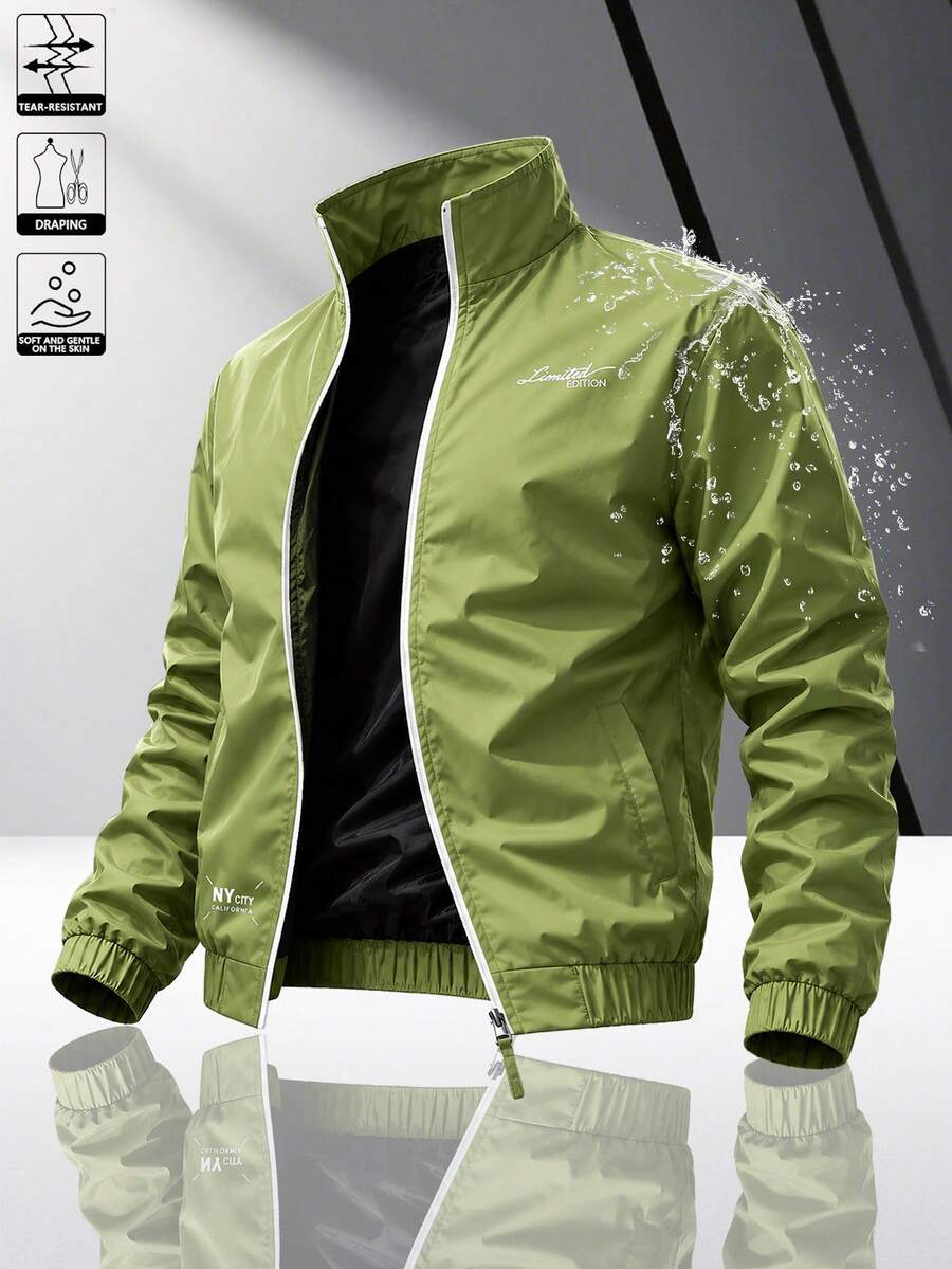 Men's Stand Collar Windproof Jacket, Spring/Autumn Letter Print Casual Sports Outerwear, Contrast Trim Versatile Jacket Top, Suitable For Daily Wear Or Outdoor Activities - Green - View 1