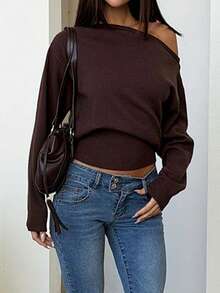 GLAMSKIN Fall Winter Women Off Shoulder Long Sleeve Knit Sweater,Slash Neck Cropped Pullover, Loose Drop Shoulder Ribbed Hem Casual Slim Crop Top - Brown - View 7