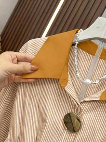 Striped Colorblock Collar Shirt, Cinched Waist Gold Button Top, Elegant Commuter Outfit For Spring And Autumn - Multicolor - View 3
