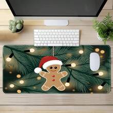 1pc Cute Gingerbread Man Large Mouse Pad, Christmas Holiday Extended Desk Mat, Dark Green Pine Branch & String Lights Gingerbread Man Keyboard Pad, Stitched Edge Soft Fabric Surface With Non-Slip Rubber Base, Laptop Desk Mat, Suitable For Home Office, Gaming, Holiday Gift - View 2