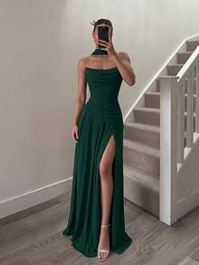 ADYCE Elegant Halter Neck Sweetheart Neckline High Waist Pleated High Slit Backless Floor Length Evening Gown, Suitable For Prom, Birthday, Christmas, Dinner Party - Dark Green - View 5