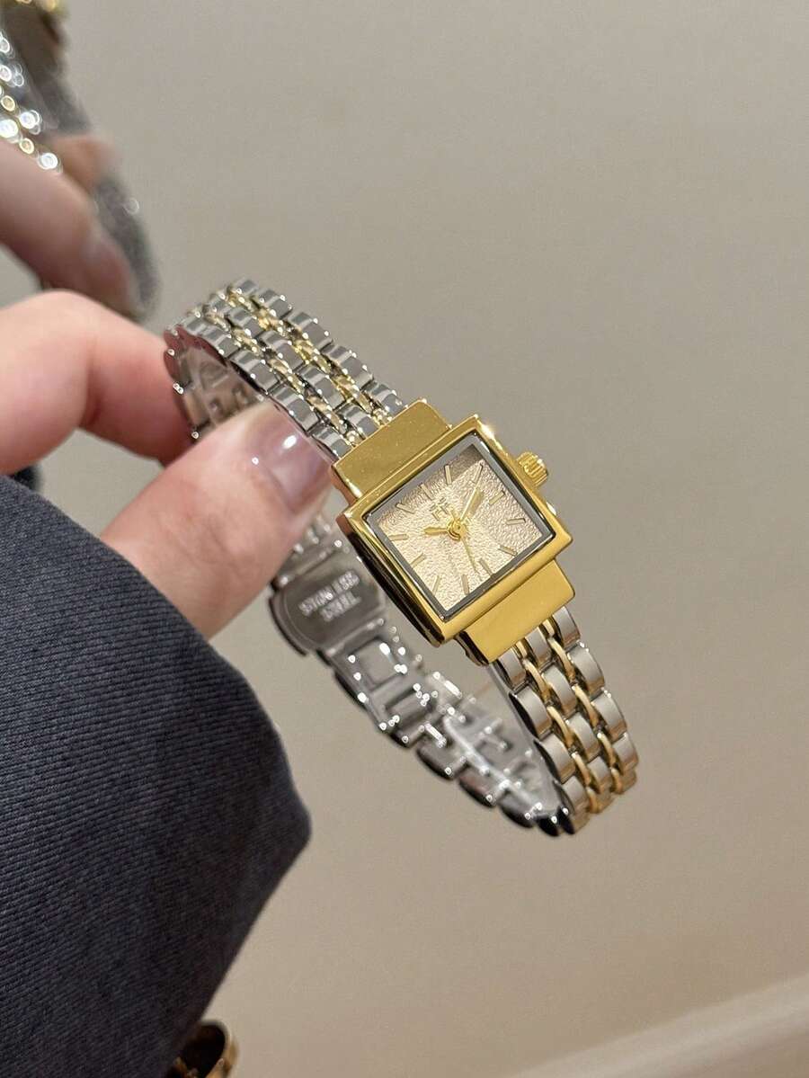 1件小金方盤極簡條形刻度優雅雙色女款石英手錶,適合日常穿著與辦公場合 - 銀間金 - 查看 1