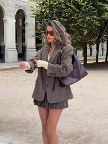 Women's Vintage Herringbone Knit Blazer, Pointed Collar Long Sleeve, Faux Pockets, Single-Breasted Closure, Regular Length Autumn Jacket - Dark Grey - View 4