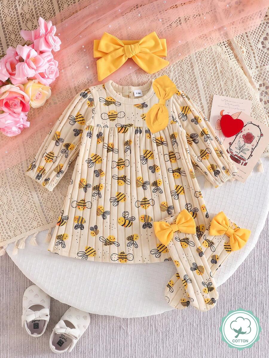 Newborn Baby Girl Gift Bow Ribbed Bee Print Dress With Socks And Headband Multi-Piece Set - Yellow - View 1