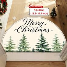 1pc Winter Christmas Pine Tree Print Door Mat, Soft Crystal Velvet Welcome Mat, Anti-Slip, Machine Washable, Foldable, Suitable For Bathroom, Kitchen, Living Room, Bedroom And Entryway - A - View 1