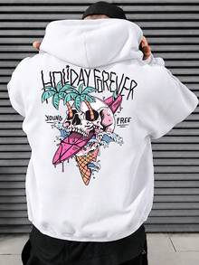 Men's Plus Size Skull Palm Tree Surfboard Back Print Hoodie, Casual Drop Shoulder Long Sleeve Pullover Sweatshirt, Suitable For Outdoor Wear, Autumn/Winter, Back To School Season - White - View 1