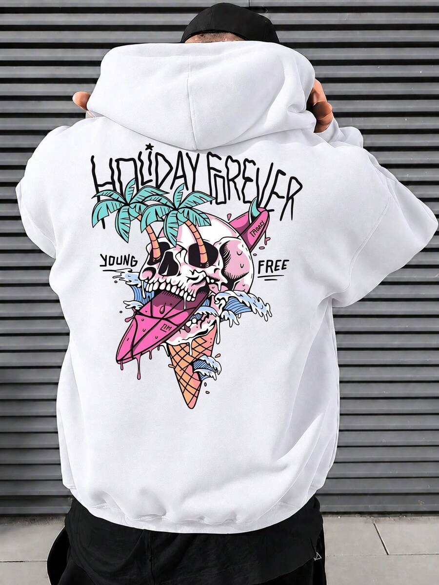 Men's Plus Size Skull Palm Tree Surfboard Back Print Hoodie, Casual Drop Shoulder Long Sleeve Pullover Sweatshirt, Suitable For Outdoor Wear, Autumn/Winter, Back To School Season - White - View 1