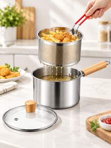 Stainless Steel Milk Pot Set, 3-In-1 Multi-Function Pot With Fryer Basket And Glass Lid, Home Kitchen Stewing, Boiling, Frying, Oil Filtering, Single Person Meal, Noodle Cooking, Soup Making, Small Fryer - View 3