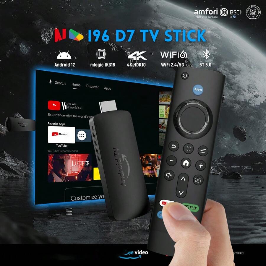 I96 D7 Android 12.0 TV Stick ATV Quad-Core WiFi6 2.4G/5.8Ghz BT5.0 Perangkat Streaming 4K HD, Kompatibel Dengan TV Dan Proyektor, Konfigurasi [2GB RAM+16GB ROM] - Hitam - View 1