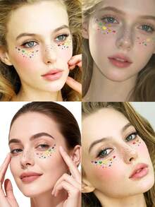 6pcs Holographic Sequin Freckle Stickers, Heart-Shaped Freckle Temporary Tattoo Stickers, Waterproof Glitter Temporary Tattoos, Shiny Star, Heart, Dot Pattern, Adult Party Holiday Daily Makeup Accessory - Multicolor - View 3