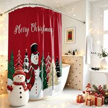 1pc Christmas Tree & Snowman Pattern Shower Curtain, Vintage Design, Waterproof, Suitable For Bathtub Partition, Bathroom Decor & Accessories, Christmas Decoration, Home Decor Gift, Includes 12 Hooks - Multicolor - View 1