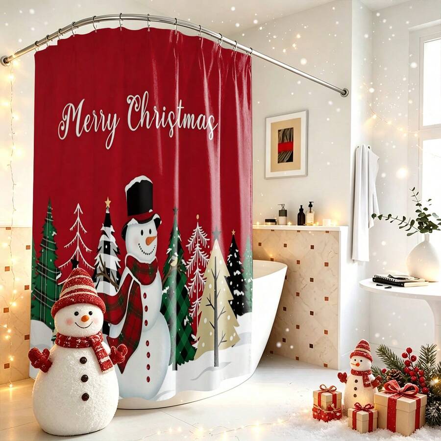 1pc Christmas Tree & Snowman Pattern Shower Curtain, Vintage Design, Waterproof, Suitable For Bathtub Partition, Bathroom Decor & Accessories, Christmas Decoration, Home Decor Gift, Includes 12 Hooks - Multicolor - View 1