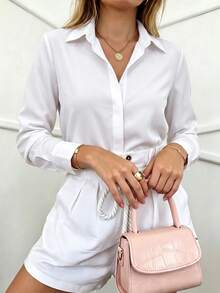 Women's Solid White Shirt, Collared Long Sleeve Button Front Blouse For Business, Office, Commute, Home, Holiday, Spring Fall Winter - White - View 10