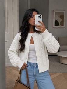 Casual Fashion Cable Knit Design Front Opening Women's Top, Autumn/Winter Style, Versatile For Daily Wear - White - View 1