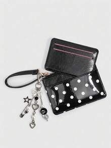 XD Y2K Polka Dot Mini Coin Purse - Fashionable PU Small Wallet With Black Pendant, Cute Card Holder, ID Organizer, Detachable Multi-Layer Slim Polka Dot Card Holder - Multicolor - View 3