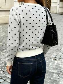 Live To Mo Women Polka Dot Cropped Knit Cardigan Long Sleeve Button Front Fall Back To School Top For Going Out Daily Office Wear - White Background With Black Dots - View 8