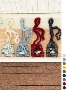 1pc Mini Knitted Phone Bag, One Shoulder Crossbody Small Bag, Niche Design Woolen Woven Coin Purse - Fabric Label Curly Hair Bead Crossbody Earphone Bag - View 7