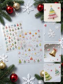 Christmas Theme Face Decoration Sticker Set With Tweezers, Self-Adhesive, Colorful Gradient Christmas Tree Pattern Face Stickers With Colorful Strip Hanging Decor And Heart Elements, Christmas Party, Portrait Photography, Holiday Party Face Makeup Tattoo Stickers - Multicolor - View 4
