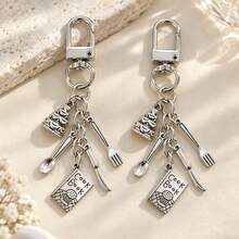 1pc/2pcs Unisex Antique Silver Baking Series Spoon Fork Cake Pendant Keychain, Baking Dessert Lover Gift, Bag Charm, Wallet Accessory - Silver - View 2
