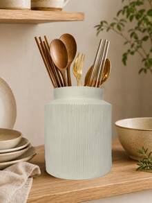 1pc Cream Ceramic Kitchen Countertop Utensil Holder, Striped Cooking Utensil Canister, Spoon Fork Chopstick Storage Rack, Modern Farmhouse Kitchen Decor Organizer - Multicolor - View 11