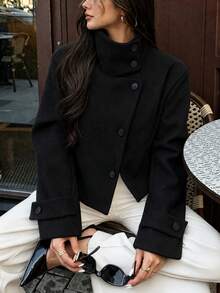 Women's Autumn/Winter Elegant High-End Stand Collar Button-Up Short Overcoat, Commuter Minimalist Loose Versatile Thick Wool Blend Jacket - Dark Grey - View 6