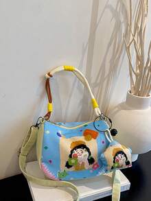1pc Girls Cartoon Print Fabric Zipper Closure Cute Handbag/Crossbody Bag Suitable For All Seasons Daily Use With Pendant - A - View 10