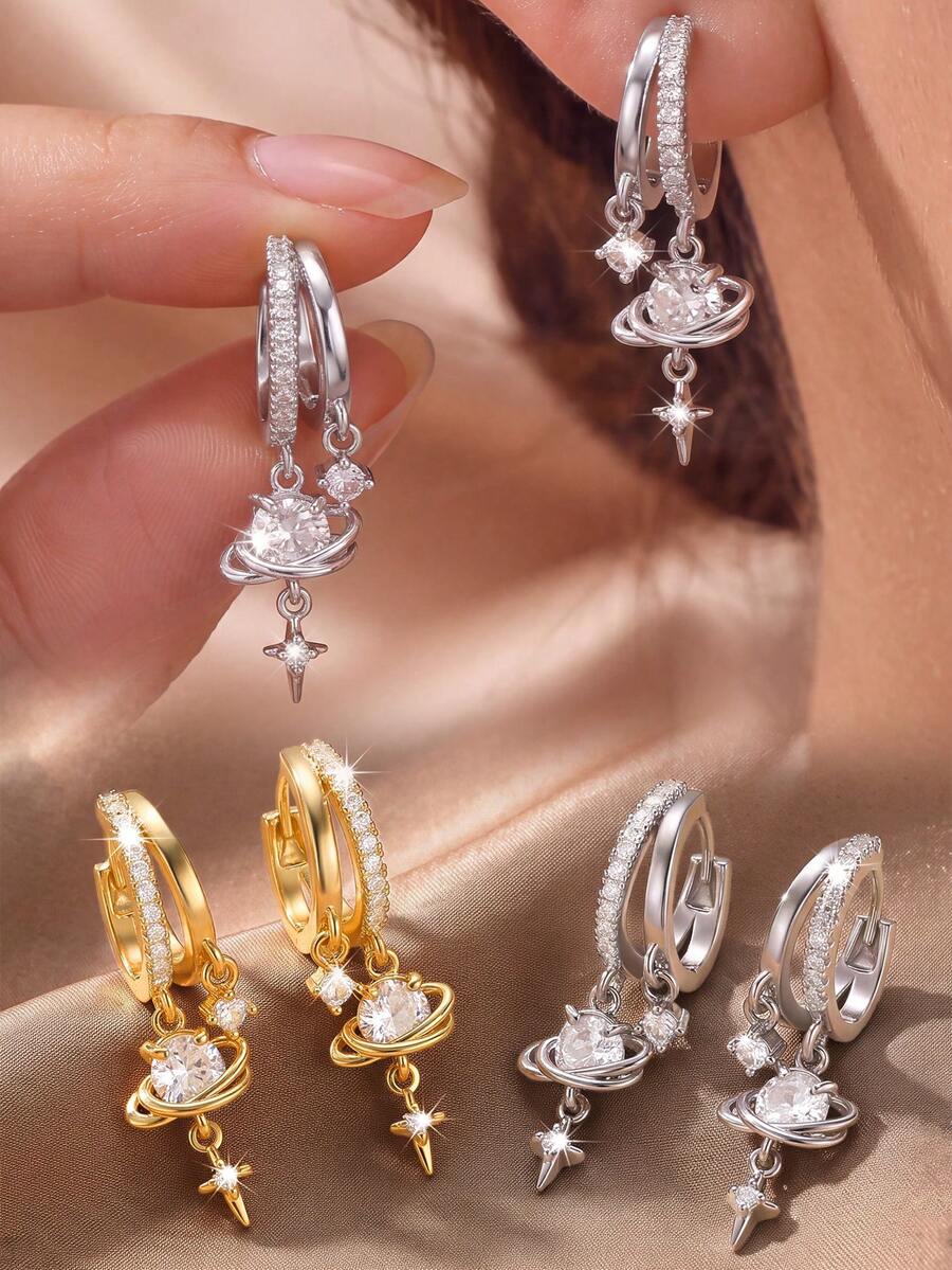 2pcs/Set Sweet & Cool Style Women's Earrings, Suitable For Daily Wear, Commute, Dating, Party And Gift - Planet - View 1