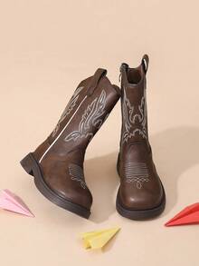 Girls' Cool Minimalist Wing Embroidery Line Brown Side Zipper Western Boots, Suitable For Autumn/Winter Daily Wear - Brown - View 5