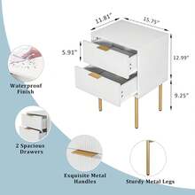 Mesita de Noche Moderna de Mediados de Siglo, 2 Cajones de Almacenamiento, Mesa Auxiliar Lateral con Marco Dorado, Color Blanco, para Recámara y Sala de Estar - Negro - Ver 8