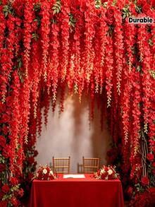 60pcs Red Artificial Wisteria Flowers, Dense Faux Wisteria Vine Garland, Artificial Christmas Flowers, Hanging Vines, Faux Plants, Suitable For Wedding Decor, Porch, Wall Decor, Birthday Party, Room Decor, Garden And Home Decor Outdoor Artificial Flowers, Suitable As Valentine's Day, Halloween Or Christmas Gifts, DIY Floral Arrangement - Red - View 7